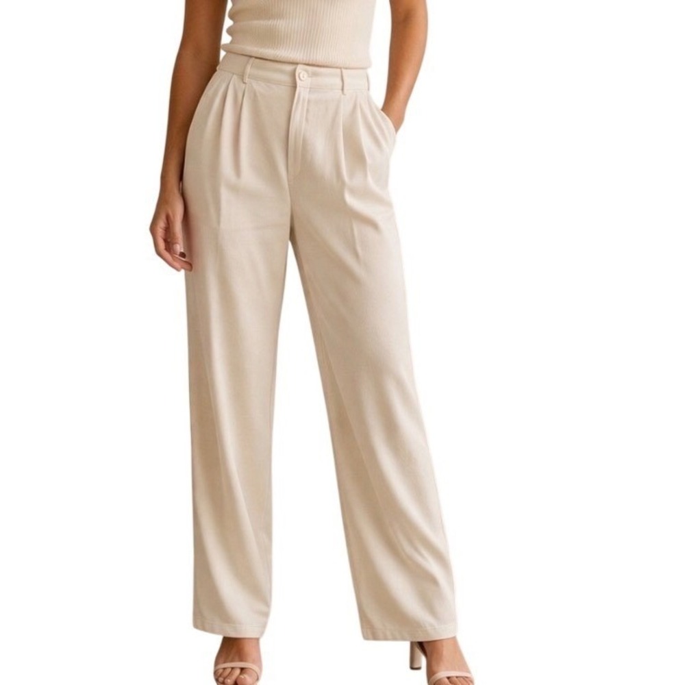 NEW Dress Pants Beige Pleated Straight Leg‎ Casual Part Event Office Size L